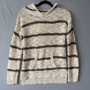 SWS Knitwear Womens Striped Beach Knit Pullover Hoodie Size L Coastal Cream